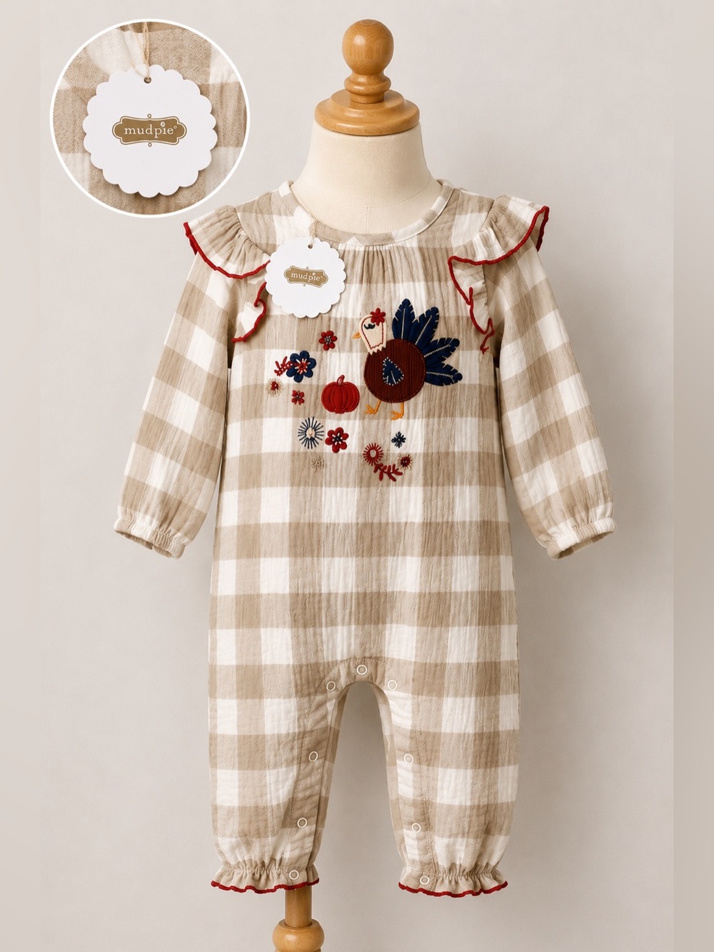 Mud Pie Baby Girls Thanksgiving Cream Turkey Applique One-Piece bodysuit​​​
